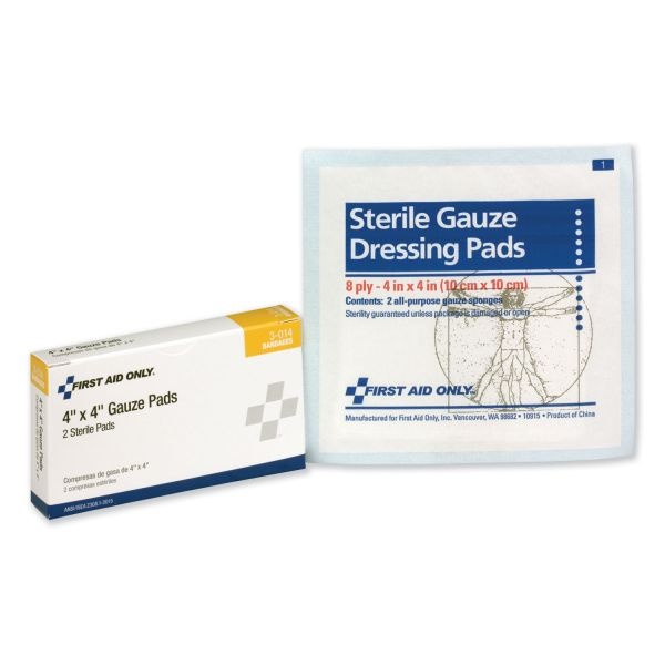 First Aid Only Gauze Pads, Sterile, 4 X 4, 2/Box