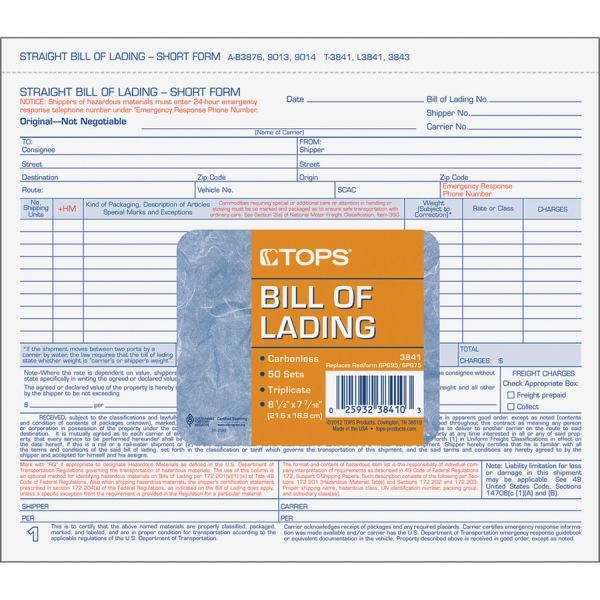 Tops Bills Of Lading Snap-Off Sets - 3 Partcarbonless Copy - 8.50" X 7.44" Sheet Size - White Sheet(S) - Blue, Red Print Color - 50 / Pack