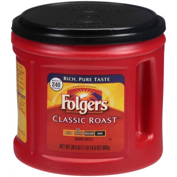 Folgers Coffee, Classic Roast, Ground, Medium Roast, 30.5 Oz Canister Makes 240 Cups, 6 Canisters/Carton