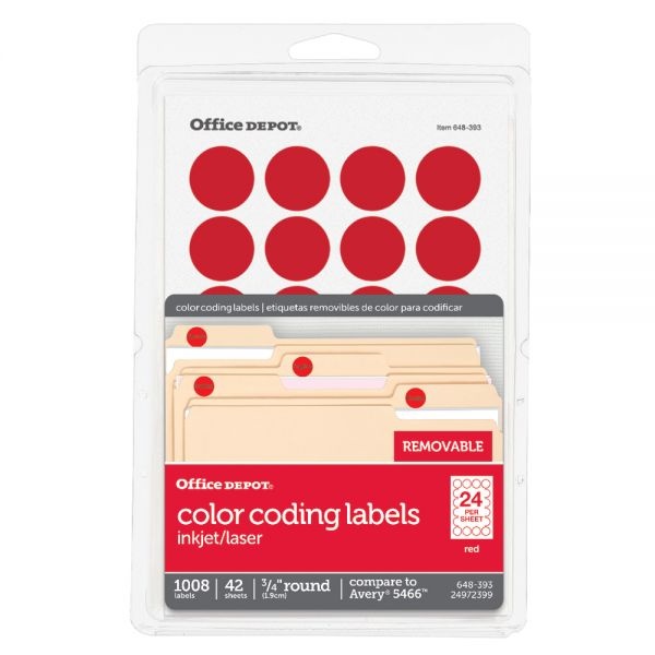Removable Round Color-Coding Labels, Od98786, 3/4" Diameter, Red, Pack Of 1,008