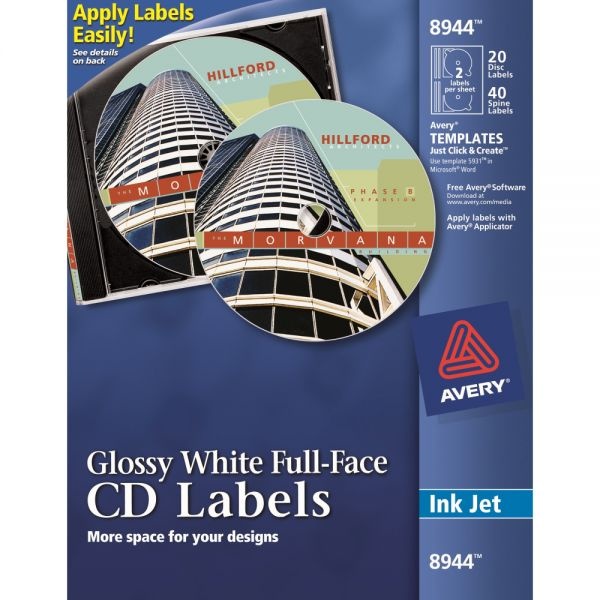 Avery Inkjet Full-Face Cd Labels, Glossy White, 20/Pack