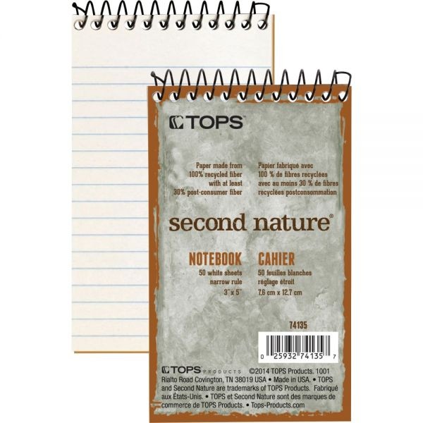Tops Second Nature Wirebound Notepads, Narrow Rule, Randomly Assorted Cover Colors, 50 White 3 X 5 Sheets