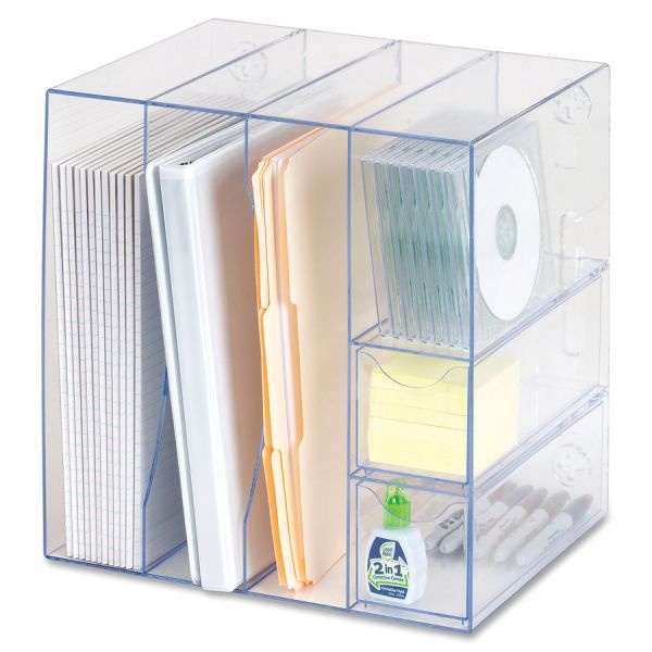 Rubbermaid Optimizers Four-Way Organizer With Drawers, 6 Compartments, 2 Drawers, Plastic, 10 X 13.25 X 13.25, Clear
