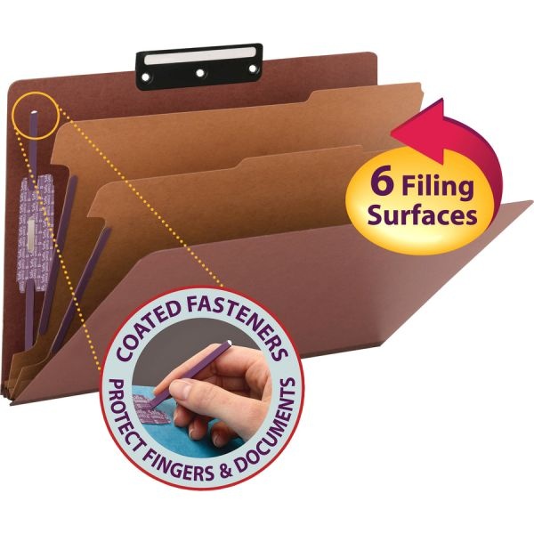 Smead Pressboard Classification Folders, Six Safeshield Fasteners, 1/3-Cut Tabs, 2 Dividers, Legal Size, Red, 10/Box