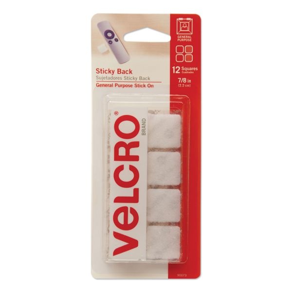 Velcro Brand Sticky-Back Fasteners, Removable Adhesive, 0.88" X 0.88", White, 12/Pack