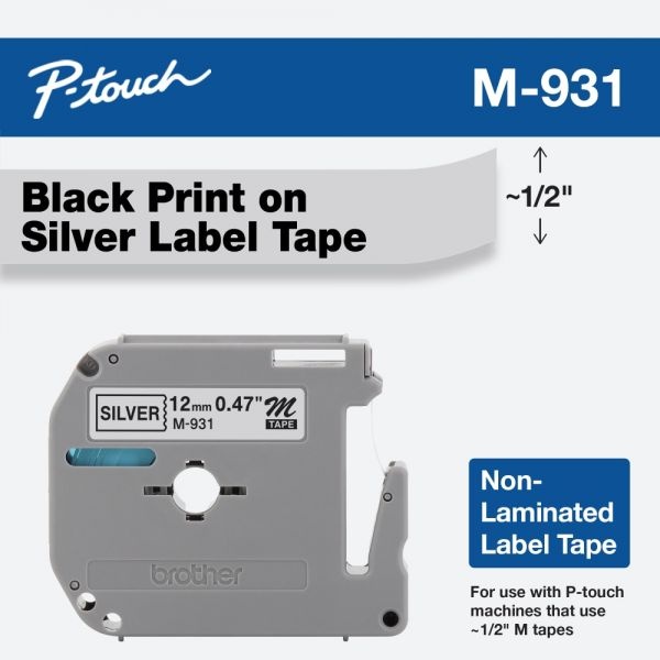 Brother P-Touch M Series Tape Cartridge For P-Touch Labelers, 0.47" X 26.2 Ft, Black On Silver