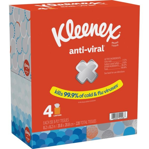Kleenex Anti-Viral 3-Ply Facial Tissues, White, 55 Tissues Per Box, Pack Of 4 Boxes