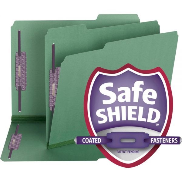 Smead Color Pressboard Fastener Folders With Safeshield Coated Fasteners, Letter Size, 1/3 Cut, Green, Box Of 25