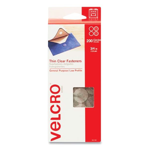 Velcro Brand Sticky-Back Fasteners, Complete Sets, 0.75" Dia, Clear, 200/Pack