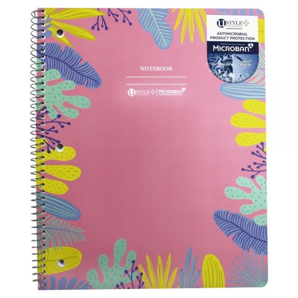 U Style Antimicrobial Notebook With Microban Antimicrobial Protection, 8-1/2" X 10-1/2", 1 Subject, Wide Ruled, 80 Sheets, Pink/Tropical
