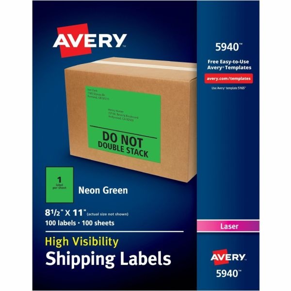 Avery High-Visibility Permanent Shipping Labels, 5940, 8 1/2" X 11", Neon Green, Pack Of 100