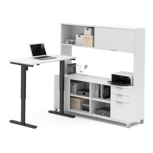 Bestar Pro-Linea L-Desk With Hutch Including Electric Height Adjustable Table In White