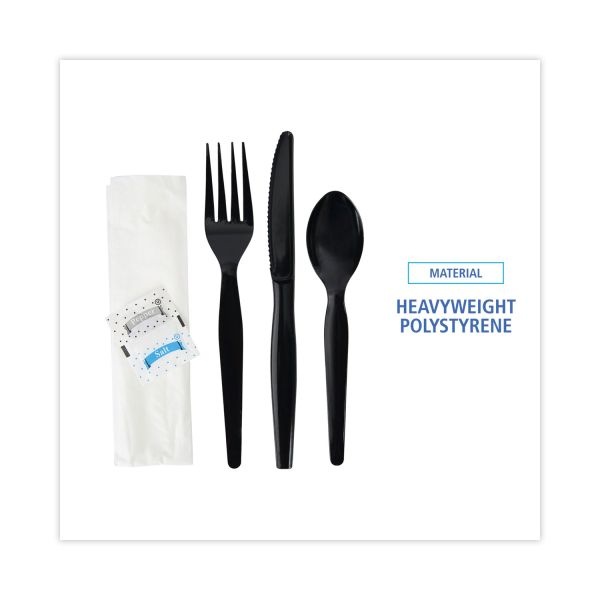 Boardwalk Six-Piece Cutlery Kit, Condiment/Fork/Knife/Napkin/Spoon, Heavyweight, Black, 250/Carton