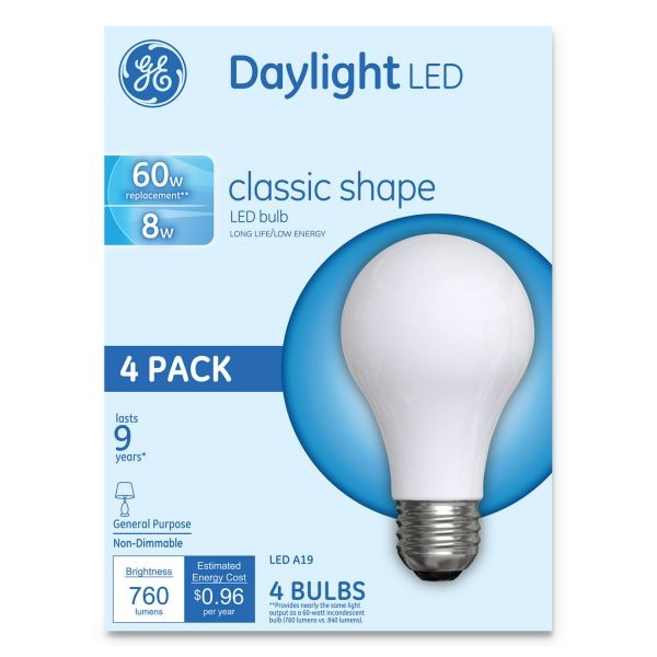 Ge Classic Led Daylight Non-Dim A19 Light Bulb, 8W, 4/Pack