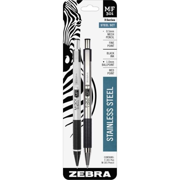 Zebra M/F301 Ballpoint Pen And Pencil Set, Fine Point, 0.5 Mm, Black Barrel