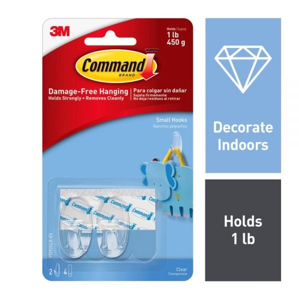 Command Clear Hooks And Strips, Plastic, Small, 2 Hooks And 4 Strips/Pack