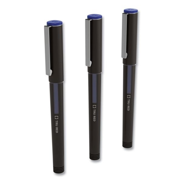 Tru Red Roller Ball Pen, Stick, Fine 0.5 Mm, Blue Ink, Black Barrel, 3/Pack