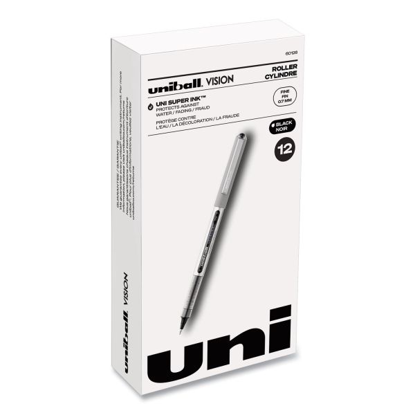 Uniball Vision Roller Ball Pen, Stick, Fine 0.7 Mm, Black Ink, Silver/Black/Clear Barrel, Dozen