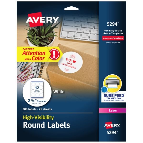 Avery High Visibility Labels With Sure Feed For Laser Printers, 5294, Round, 2-1/2" Diameter, White, Pack Of 300