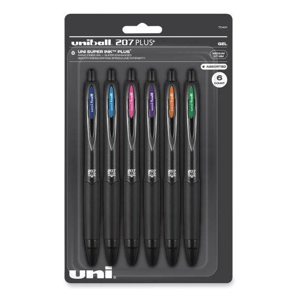 Uniball 207 Plus+ Gel Pen, Retractable, Medium 0.7 Mm, Assorted Inspirational Ink Colors, Black Barrel, 6/Pack