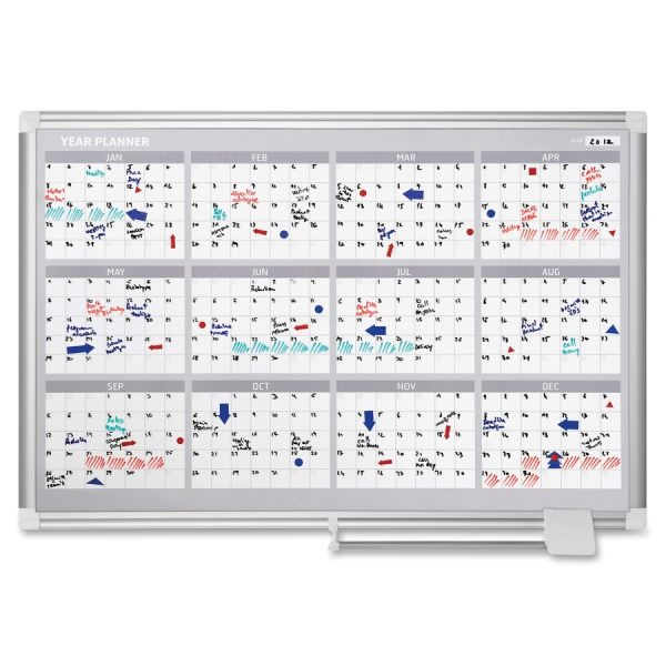 Mastervision Magnetic Dry Erase Calendar Board, 12-Month, 36 X 24, White Surface, Silver Aluminum Frame
