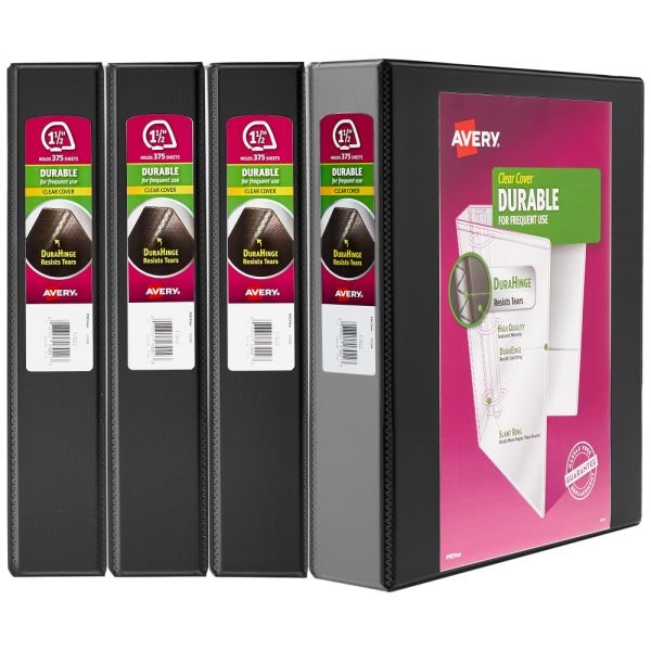 Avery Durable View 3-Ring Binder, 1 1/2" Slant Rings, 49% Recycled, Black, Pack Of 4