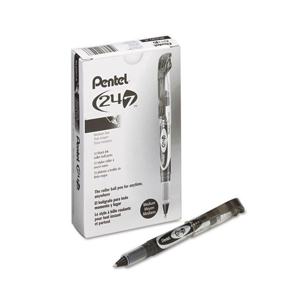 Pentel 24/7 Rollerball Pens, Medium Point, 0.7 Mm, Black Barrel, Black Ink, Pack Of 12 Pens