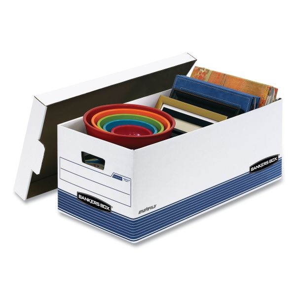 Bankers Box Stor/File Medium-Duty Storage Boxes With Lift-Off Lids, Letter Size, 10" X 12" X 24", White/Blue, Case Of 20