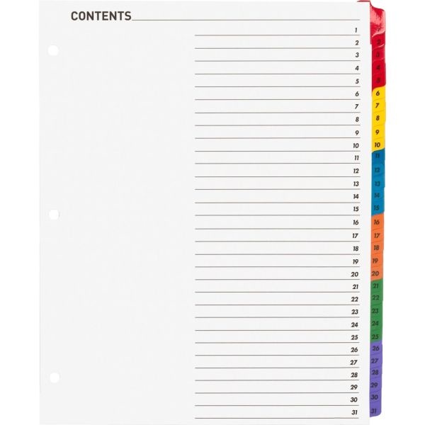 Sparco Quick Index Dividers With Table Of Contents Page, 1-31