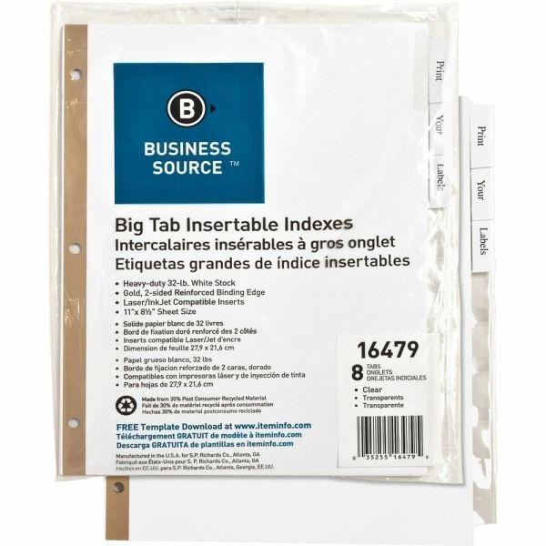 Business Source Tear-Resistant Clear Tab Index Dividers - 8 Tab(S) - 8.5" Divider Width X 11" Divider Length - Letter - White Divider - Clear Tab(S) - Recycled - Tear Resistant - 8 / Set