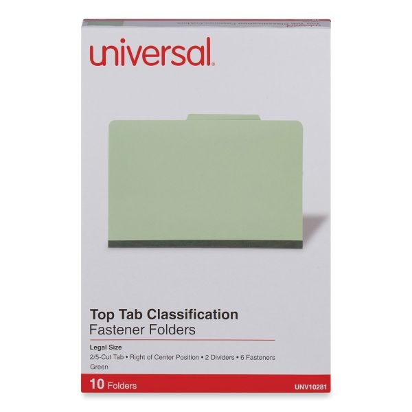 Universal Six-Section Pressboard Classification Folders, 2" Expansion, 2 Dividers, 6 Fasteners, Legal Size, Green Exterior, 10/Box