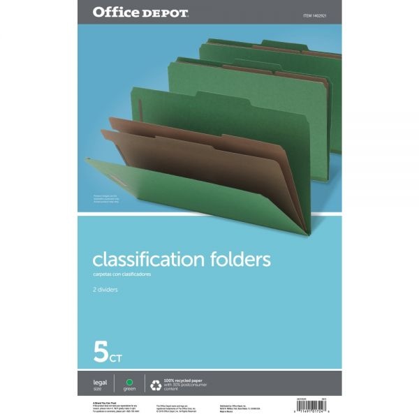 Classification Folders, 2 1/2" Expansion, Legal Size, 2 Dividers, 100% Recycled, Light Green, Pack Of 5 Folders