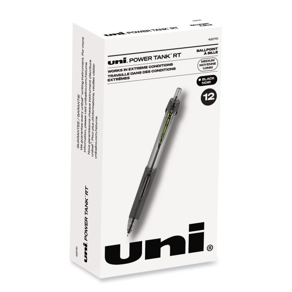 Uniball Power Tank Rt Ballpoint Pen, Retractable, Bold 1 Mm, Black Ink, Smoke/Black Barrel, Dozen
