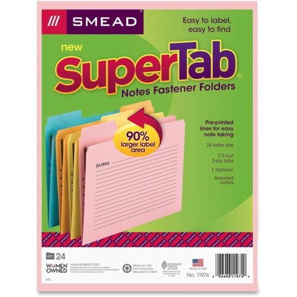 Smead Supertab Notes Fastener Folder, Letter Size (8 1/2" X 11"), 1/3 Tab Cut, Assorted, Pack Of 24