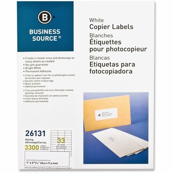 Business Source Bright White Copier Labels - 1" Width X 2 3/4" Length - Rectangle - White - 33 / Sheet - 3300 / Pack - Lignin-Free, Jam-Free
