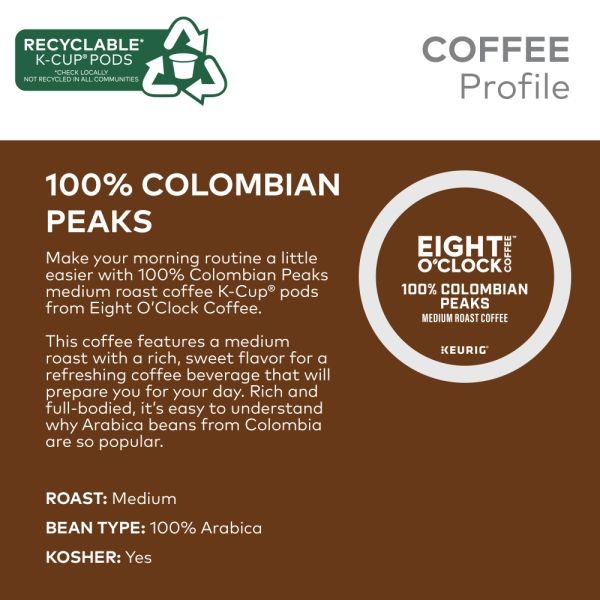 Eight O'clock Colombian Peaks Coffee K-Cups, Medium Roast, 24/Box