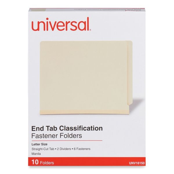 Universal Six-Section Manila End Tab Classification Folders, 2" Expansion, 2 Dividers, 6 Fasteners, Letter Size, Manila, 10/Box