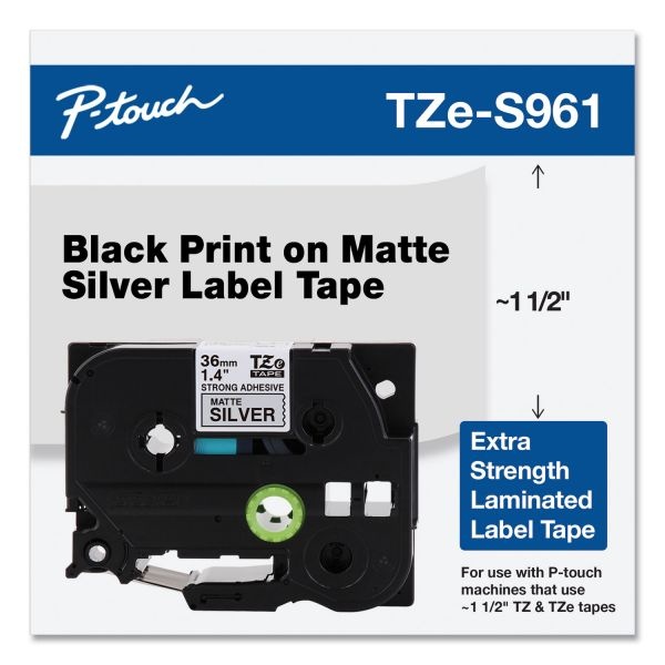 Brother P-Touch Tz Extra-Strength Adhesive Laminated Labeling Tape, 1.4" X 26.2 Ft, Black On Matte Silver