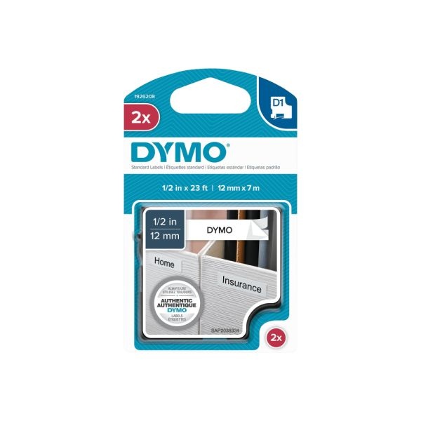 Dymo D1 45013 Black-On-White Tape, 0.5" X 23', Pack Of 2