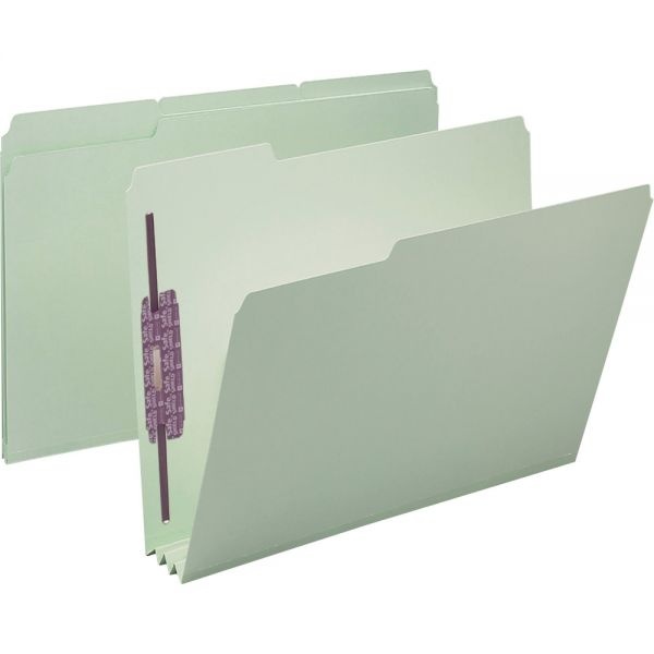 Smead Pressboard Fastener Folders With Safeshield Coated Fasteners, 3" Expansion, Letter Size, 100% Recycled, Gray/Green, Box Of 25