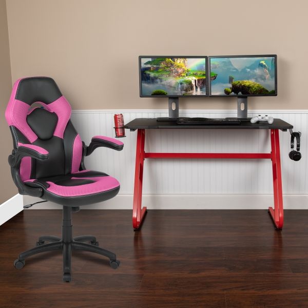 Optis Red Gaming Desk And Pink/Black Racing Chair Set With Cup Holder And Headphone Hook