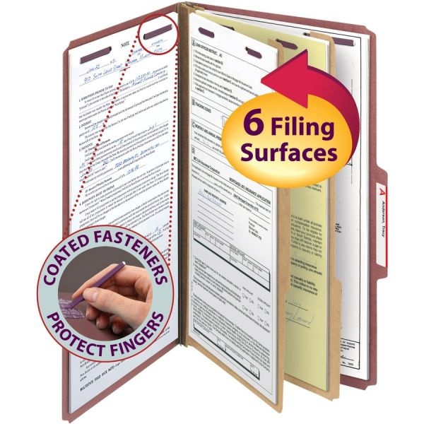 Smead Pressboard Classification Folders, Six Safeshield Fasteners, 2/5-Cut Tabs, 2 Dividers, Legal Size, Red, 10/Box