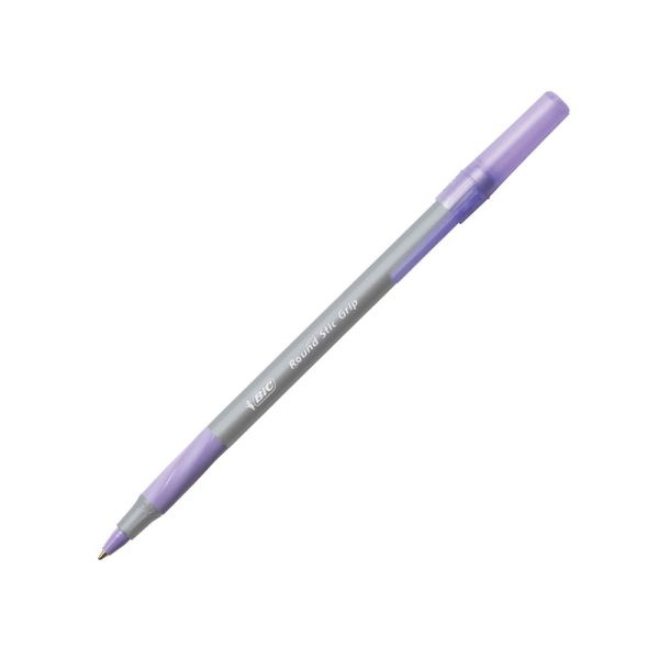 Bic Round Stic Grip Xtra-Comfort Ballpoint Pens, Medium Point, 1.2 Mm, Gray Barrel, Purple Ink, Pack Of 12