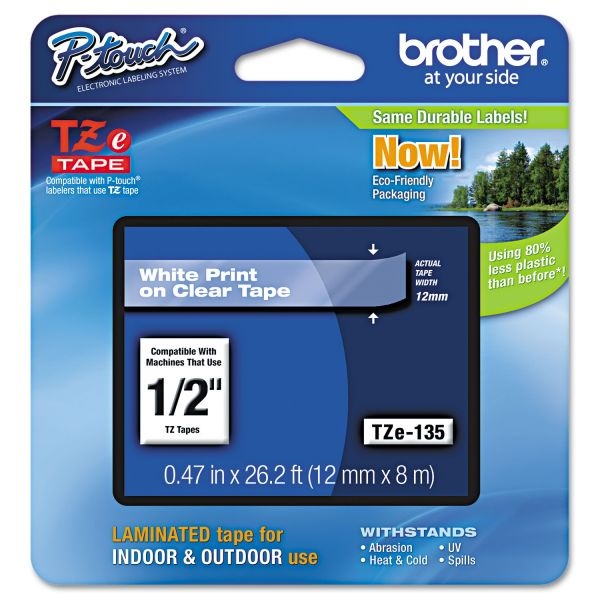 Brother P-Touch Tze Standard Adhesive Laminated Labeling Tape, 0.47" X 26.2 Ft, White On Clear