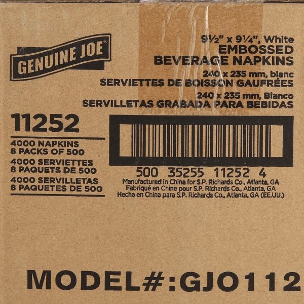 Genuine Joe Quad-Fold Square Beverage Napkins - 2 Ply - 9.50" X 9.50" - White - Absorbent, Embossed, Quad-Fold - For Beverage - 500 Sheets Per Pack - 4000 / Carton