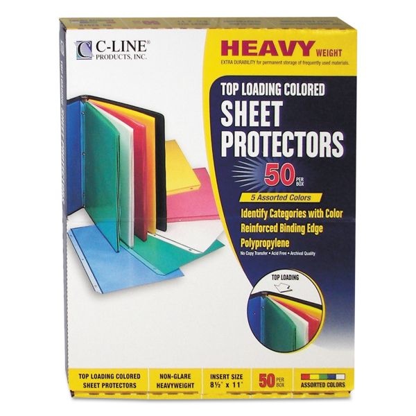 C-Line Colored Polypropylene Sheet Protectors, Assorted Colors, 2", 11 X 8.5, 50/Box