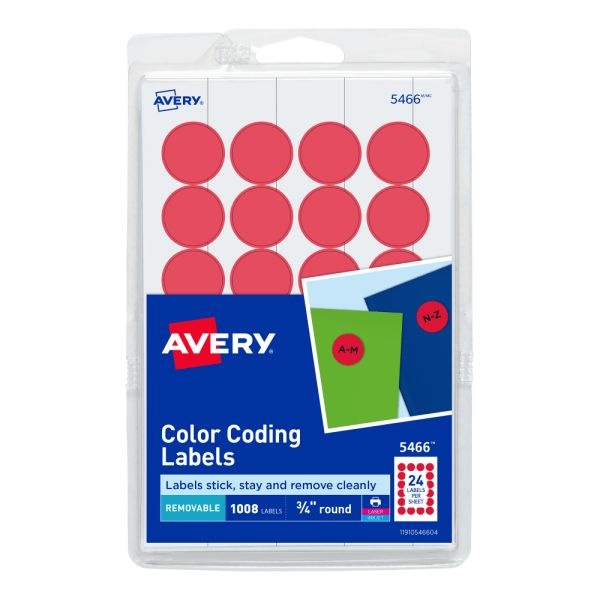 Avery Removable Color-Coding Labels, 5466, Round, 3/4" Diameter, Red, Pack Of 1,008