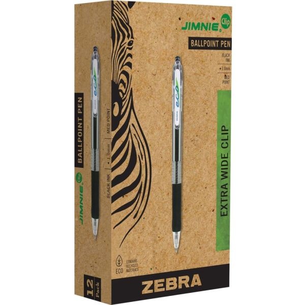 Zebra Eco Jimnie Clip Ballpoint Pen, Retractable, Medium 1 Mm, Black Ink, Smoke Barrel, 12/Pack