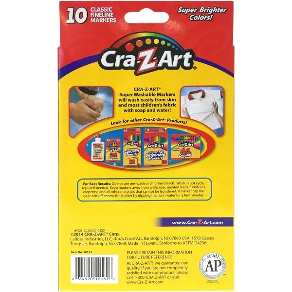 Cra-Z-Art Super Washable Markers, Fine Bullet Tip, Assorted Colors, 10/Set