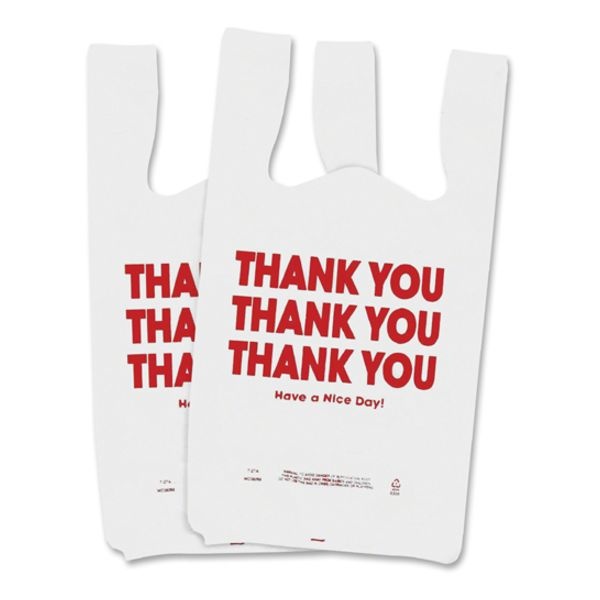 Universal Plastic "Thank You" Bags, 0.55 Mil, 11.5" X 22", White/Red, 250/Box